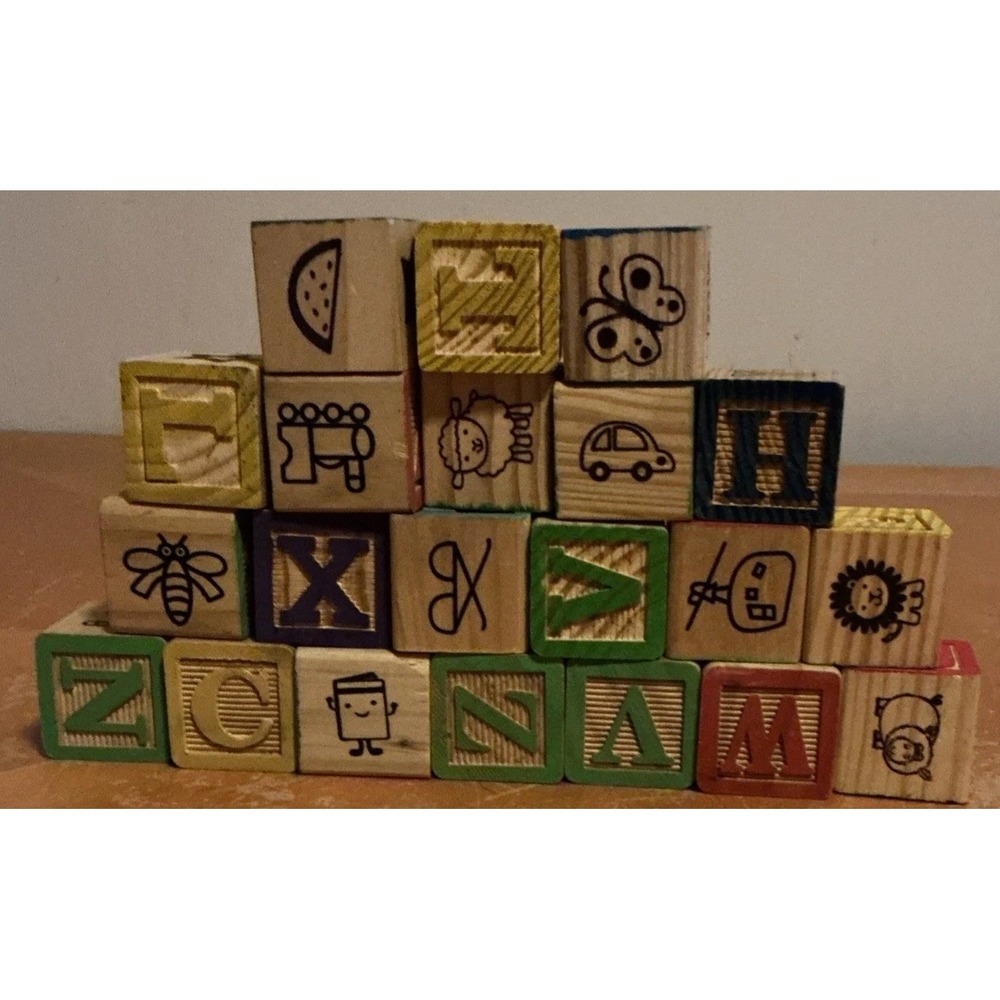 Old Wooden Blocks Alphabet Letters And Pictures Lot Of 21 ABC, Missing F & S